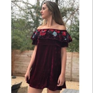 Umgee off the shoulder Velvet Embroidered Dress - Burgundy